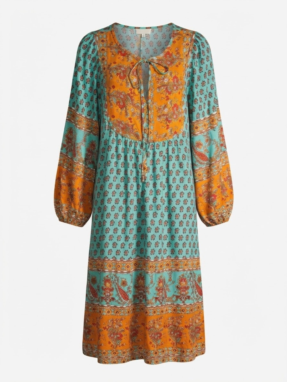 Bluetime bohemian 3/4-sleeve dress, featuring a vibrant turquoise and orange